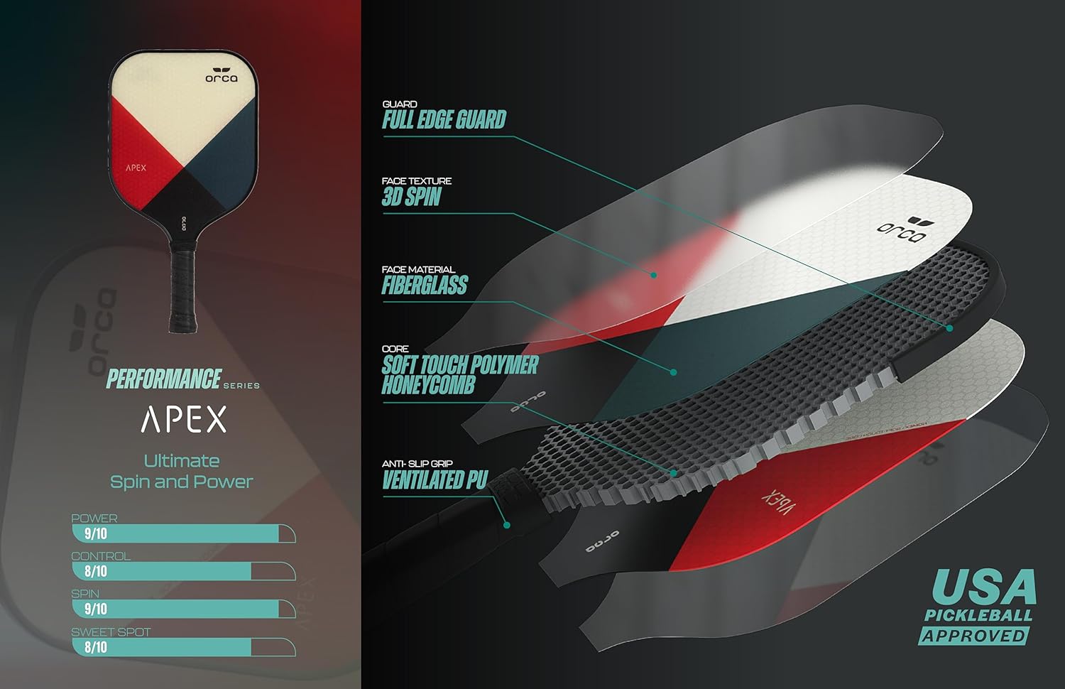 Orca Apex Performance Series Fiberglass Pickleball Paddle - Control Edition