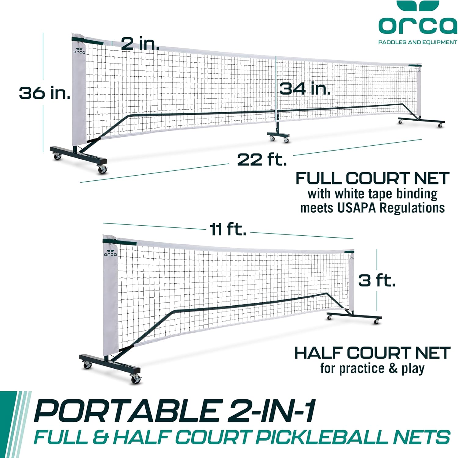 Orca 22 FT Full Court & 11 FT Half Court Portable Pickleball Net Set with Wheels