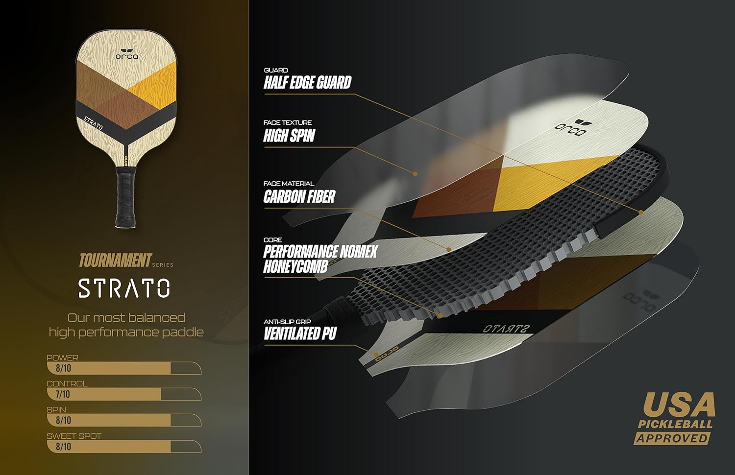 Orca Strato Tournament Series Fiberglass Pickleball Paddle - Power Edition
